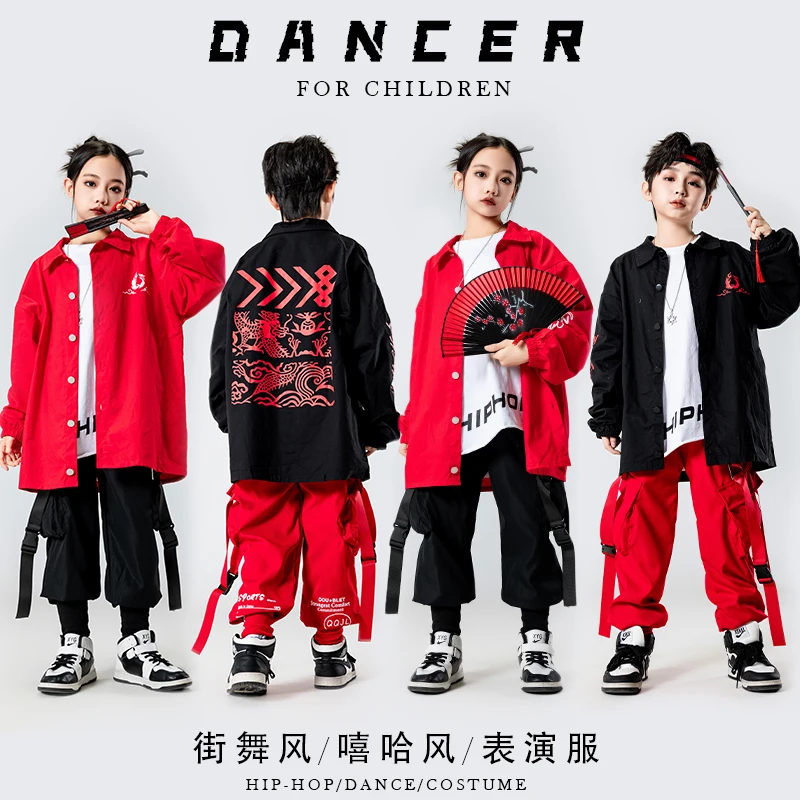 Kids Hip Hop Street Clothing Red Oversized Shirt Casual Jogger Cargo Pants for Girl Boy Streetwear Dance Costume Jazz Clothes