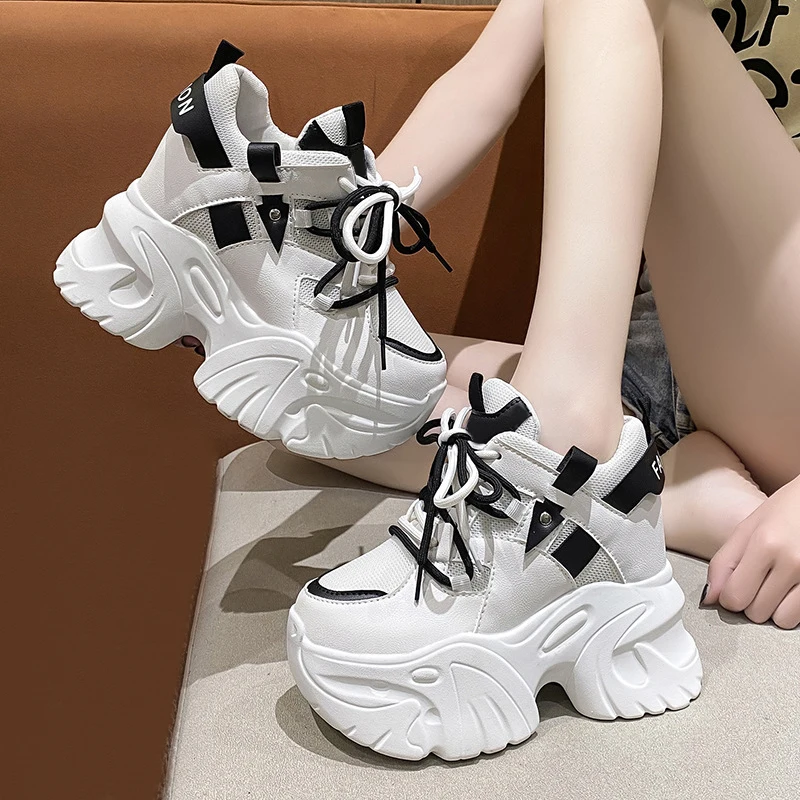 New Women Platform Sneakers Lace-up Autumn Sports Dad Shoes High Top Chunky Casual Shoes Woman Thick Bottom Mesh White Shoes 39