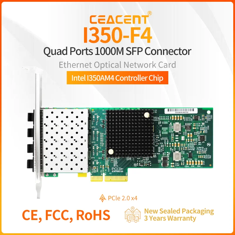 

I350-F4 Четырехпортовый сетевой адаптер SFP оптоволокна 1 Гбит/с PCIe 2.1 X4 Набор микросхем Intel I350AM4