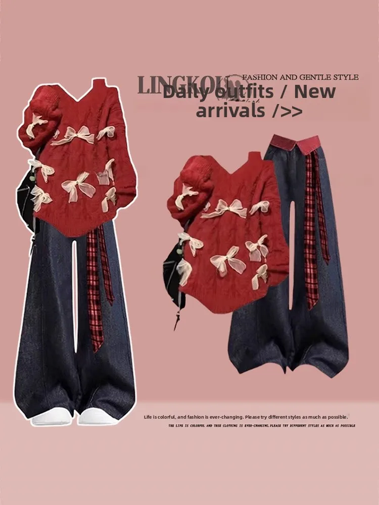 

Cisas Theme Knitted Sweater And Jeans Set for Women Vintage Sle plus Size Autumn Winter Faion Two-Piece Ensemble