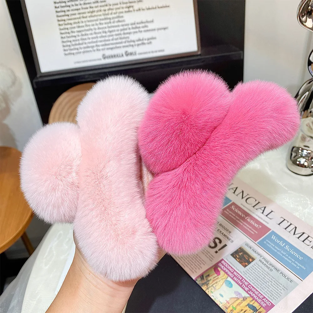 Pink Real Rabbit Fur Plush Shark Clip Women Ladies Elegant Hair Claw Autumn Winter Hairpin Barrettes Fashion Hair Accessories