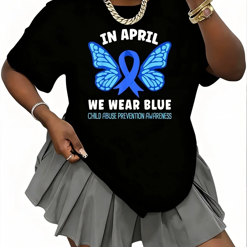 In April We Wear Blue Child Abuse Prevention Awareness Women's 100% Cotton T-Shirt Short Sleeve Top Casual Round Neck Fun Print Tee S-5Xl