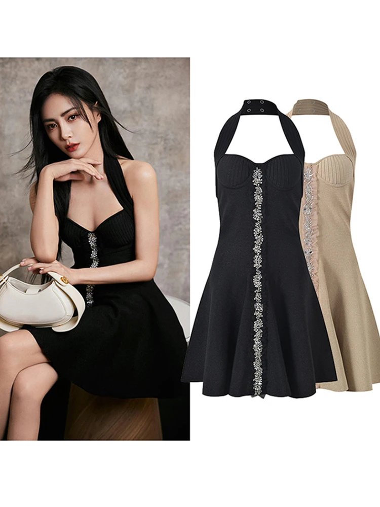 Nueva moda adelgazante elegante empalmado diamantes sólido Mini vestidos para mujeres cuello cuadrado sin mangas vestido Sexy de cintura alta