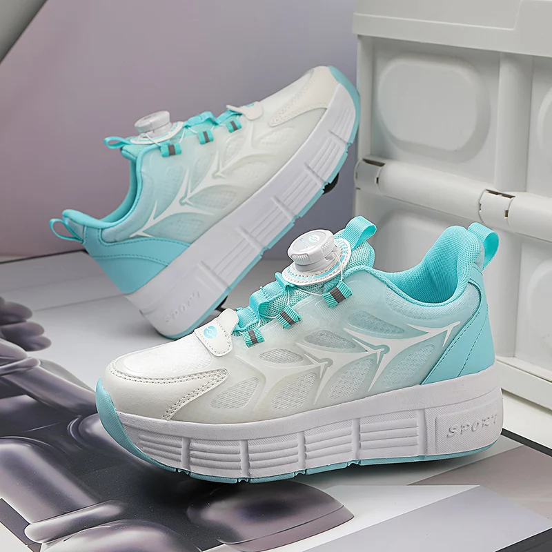 

2025 Spring & Autumn Wheel Shoes for Girls: Rotating Buckle New Light-Up Sneakers, Older Kids' Roller Skates
