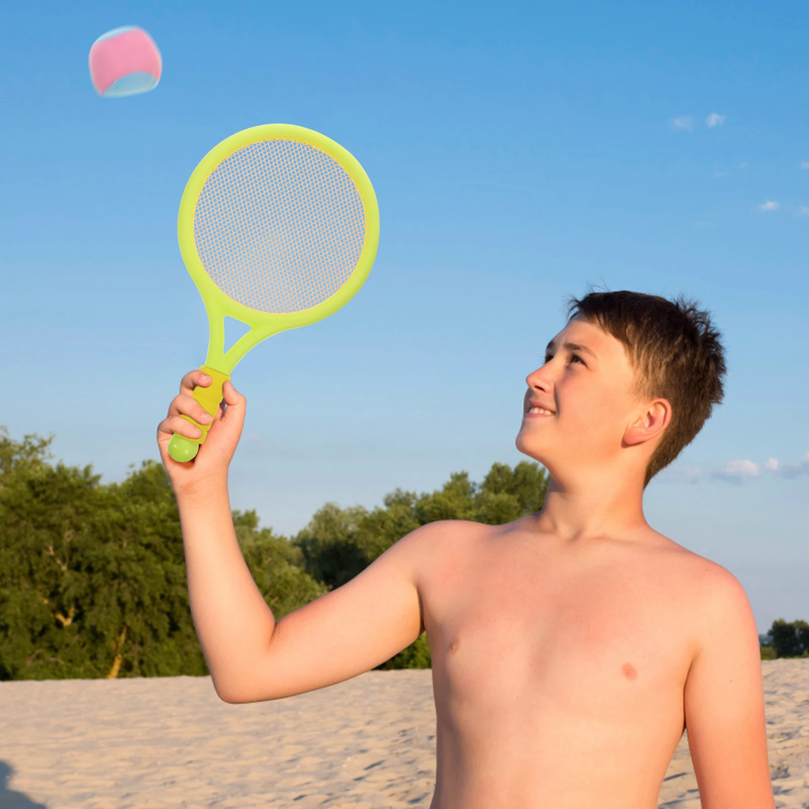 طقم مضرب تنس للنشاط الخارجي، مجموعة لعب بلاستيكية، شكل بيضاوي، مقبض خفيف الوزن، كرة الشاطئ
