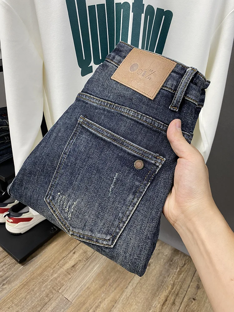 Casual jeans men's autumn and winter new style with fleece insulation men's clothing elastic slim fit small foot trendy pants