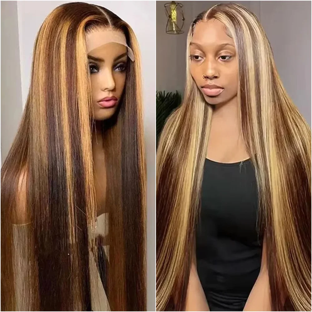 

Highlight Full Bone Straight Lace Front Human Hair Wigs Pre Plucked 4/27 Colored 13x6 Brazilian Hd Lace Frontal Wig 200% Density