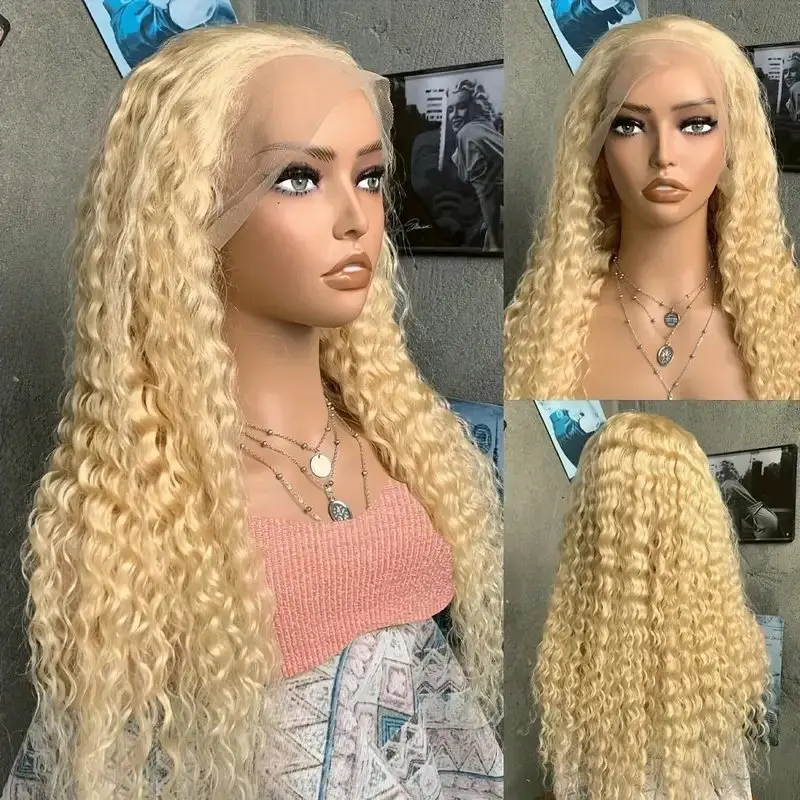 613 Blonde 13x6 HD Lace Front 150 Density 24 Inches 13x4 Deep Wave Baby Hair Around Pre-Plucked Glueless Curly  Human Hair Wig