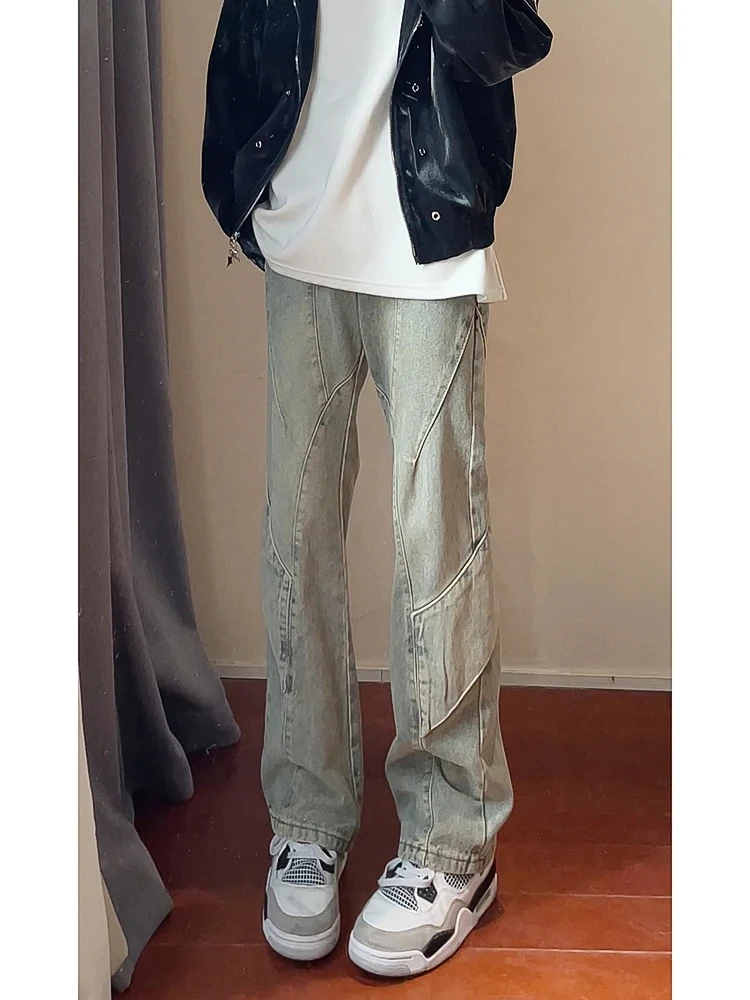 

Retro American Washed Jeans Men's Spring Autumn High Street Splicing Design Loose Straight Leggings Bell Bottoms