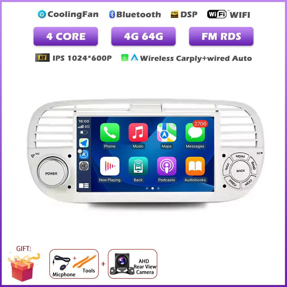7 inch Android 16 Auto voor FIAT 500 2007-2015 GPS Navigatie Draadloze Carplay Auto Multimedia Videospeler Stereo Autoradio tools BT