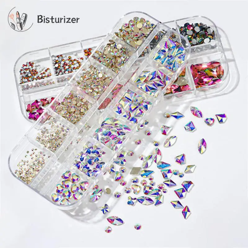 12Grids/Box Crystal Nail Art Rhinestones Glass SS4-SS16 Nail Stones Shiny Flatback 3D Nail Art Decoration