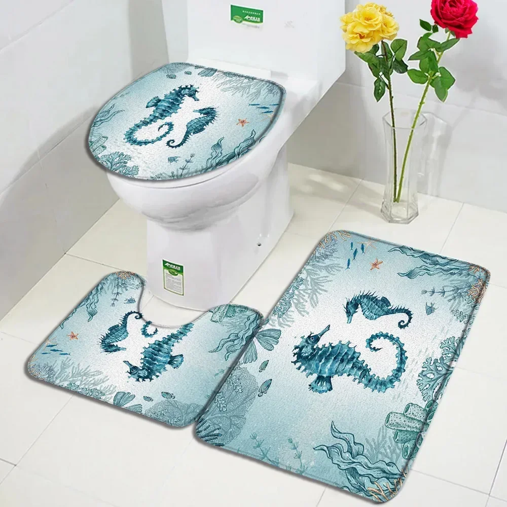 Ocean Animal Bath Mat Set Seahorse Sea Turtle Starfish Underwater Scenery Home Bathroom Decoration Antypoślizgowy dywanik Pokrywa toalety