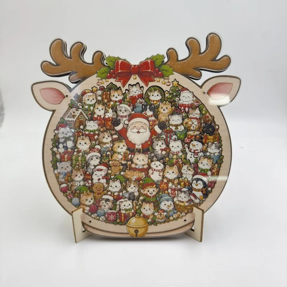 Wooden Christmas Dog Puzzle Three Dimensional Santa Pattern Puzzle Ornament Irregular Shape Freestanding Decorative Figurine