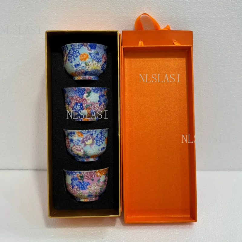 Vintage Full Bloom Flower Porcelain Teacup Set 4 Pcs Chinese Style Drinking Cups Complete With Premium Gift Box For Holiday Gift