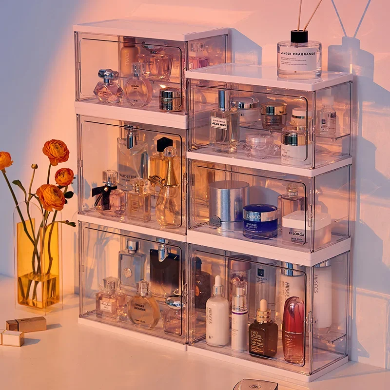 Acrylic Display Cabinet Stackable Transparent Perfume Display Stand Dustproof Dresser Perfume Skin Care Product Storage Boxes