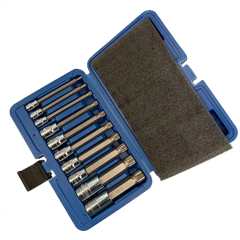 10pcs 1/4 3/8 1/2 Inch Spline Wrench Head Impact 12 Point Teype Socket Set Ratchet Spanner Torx Screwdriver Bits Kit