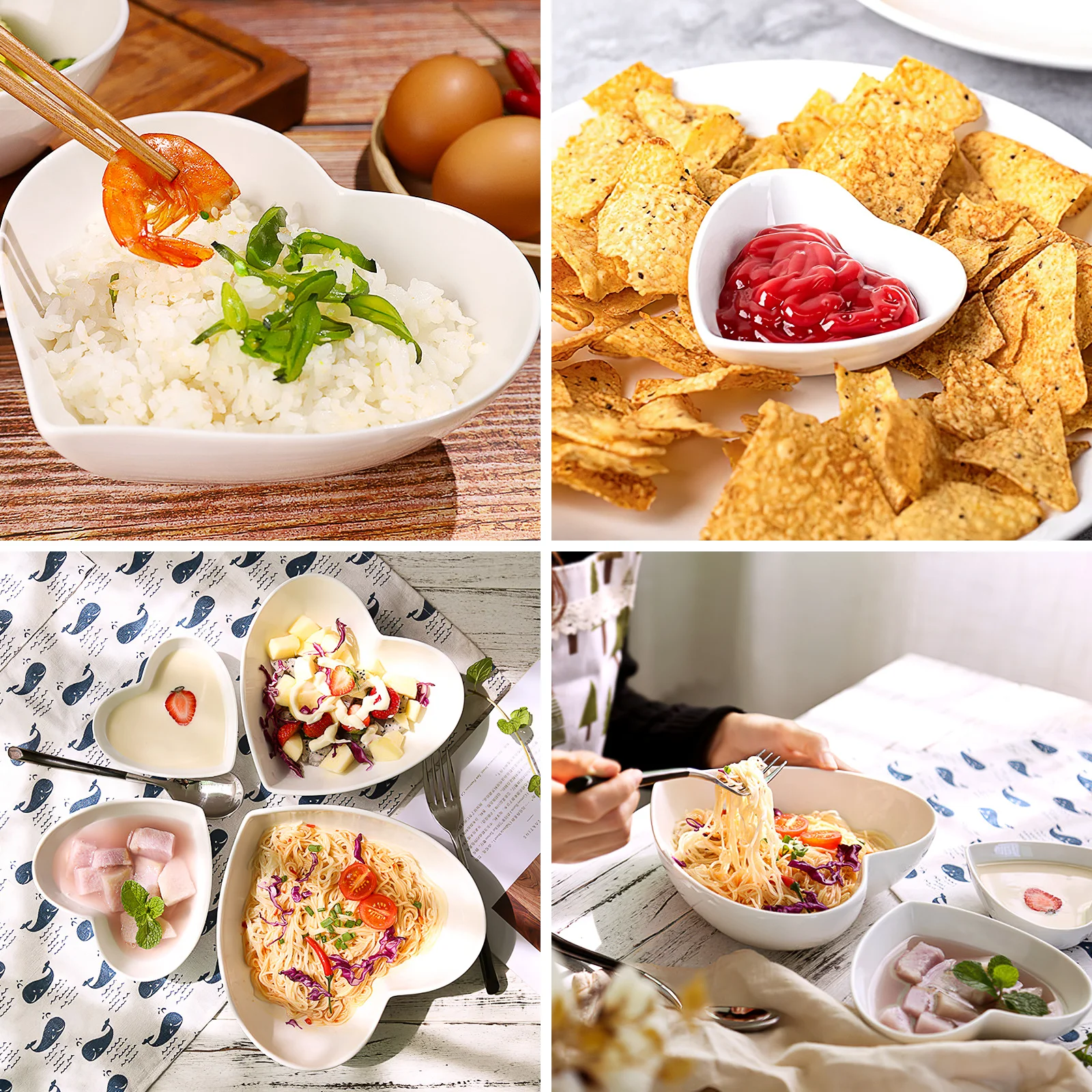 

4Pcs Heart Shaped Ceramic Bowls Stackable Stable Design Multi Size Rice Salad Dessert Snack Bowls Heart Shaped Dish