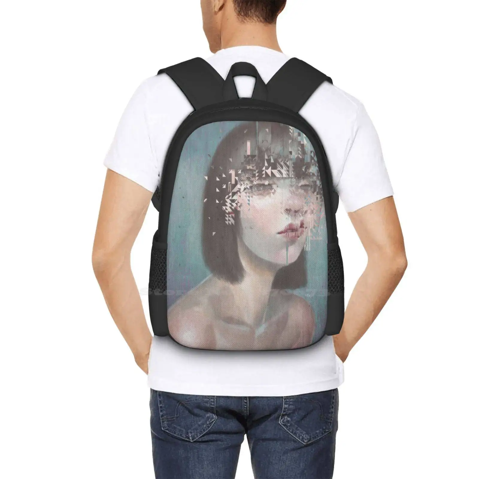 Glitch 02 School Bag Big Capacity Backpack Laptop Glitch Surreal Pop Female Portrait Binary Fracture