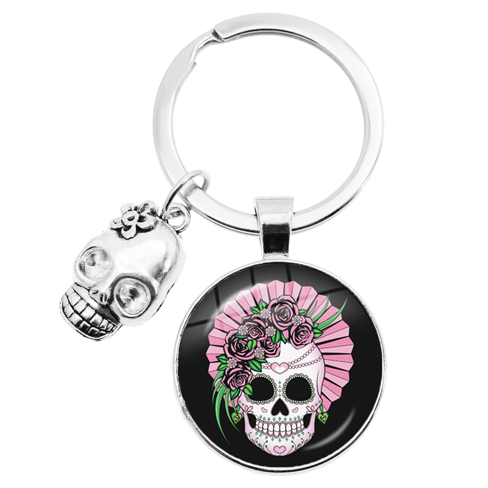 Hot Selling Colorful Sugar Skull Keychain Mexico Folk Art Patterns Glass Key Chain Skulls Accessory Jewelry Holiday Gift