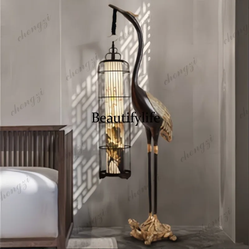 A74 new Chinese floor lamp antique crane lantern Chinese style living room sofa vertical ornament wrought iron birdcage lamp