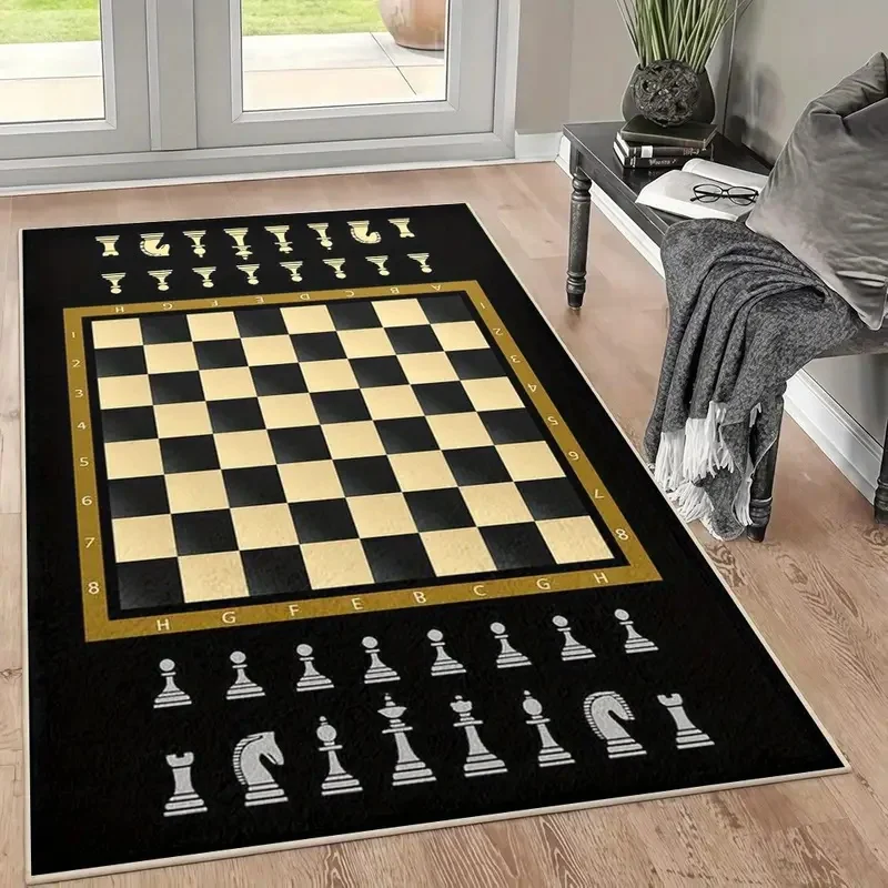 Luxury Black Gold Chessboard Area Rug High Quality Checkered Carpet with Classic Chess Pieces Pattern Unique Game Room Gift