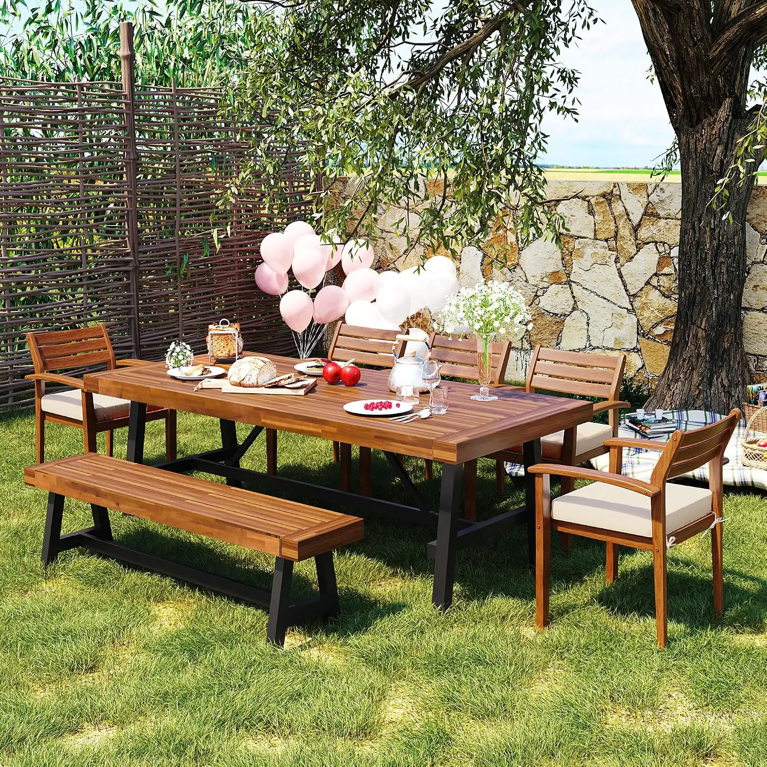 7 Pieces Patio Dining Set with 1 Table 5 Wooden Chairs 1 Bench Ergonomic Metal Frame for Garden Backyard Balcony, Customized