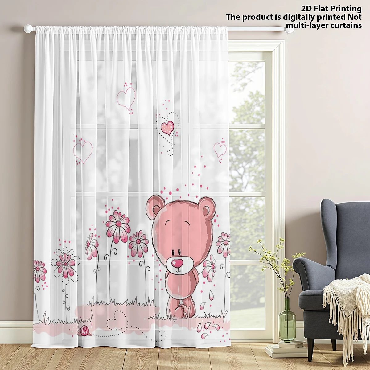 1PC Pink Bear Sweet Dream Sheer Curtain-Playful Bear Pole-Mounted Curtain Cute Atmosphere Decorative Sheer Curtain for Kids'Room