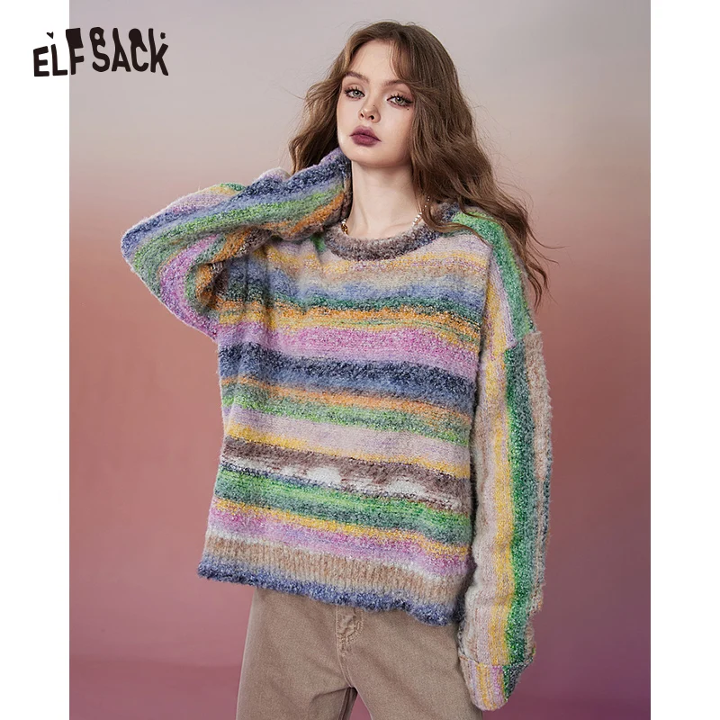 ELFSACK Kawaii Colorful Striped Pullover Sweaters Women 2023 Winter Plus Size Luxury Designer Tops