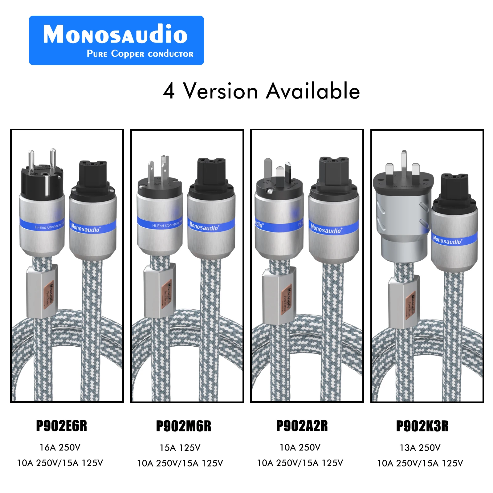 Monosaudio P902E6R 99.9998% Copper 5.5Square audio power cable EUR version AC Mains Power cord IEC power cord