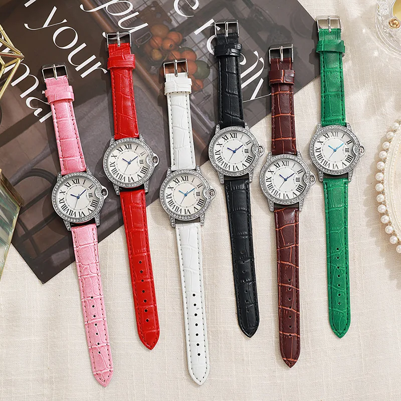 Trendy and Fashionable Women's Leather Strap Watch with Diamond Inlay, Water Diamond Wine Barrel, Women's Quartz Watch