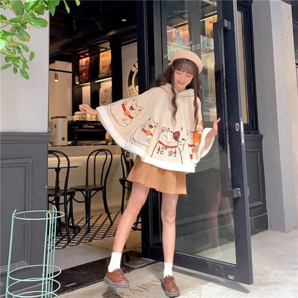 Autumn Winter Harajuku Cute Lolita Poncho Jacket Cat Ears Girl Warm Cloak Hooded Kawaii Shawl Student Anime Coat Cartoon Capes