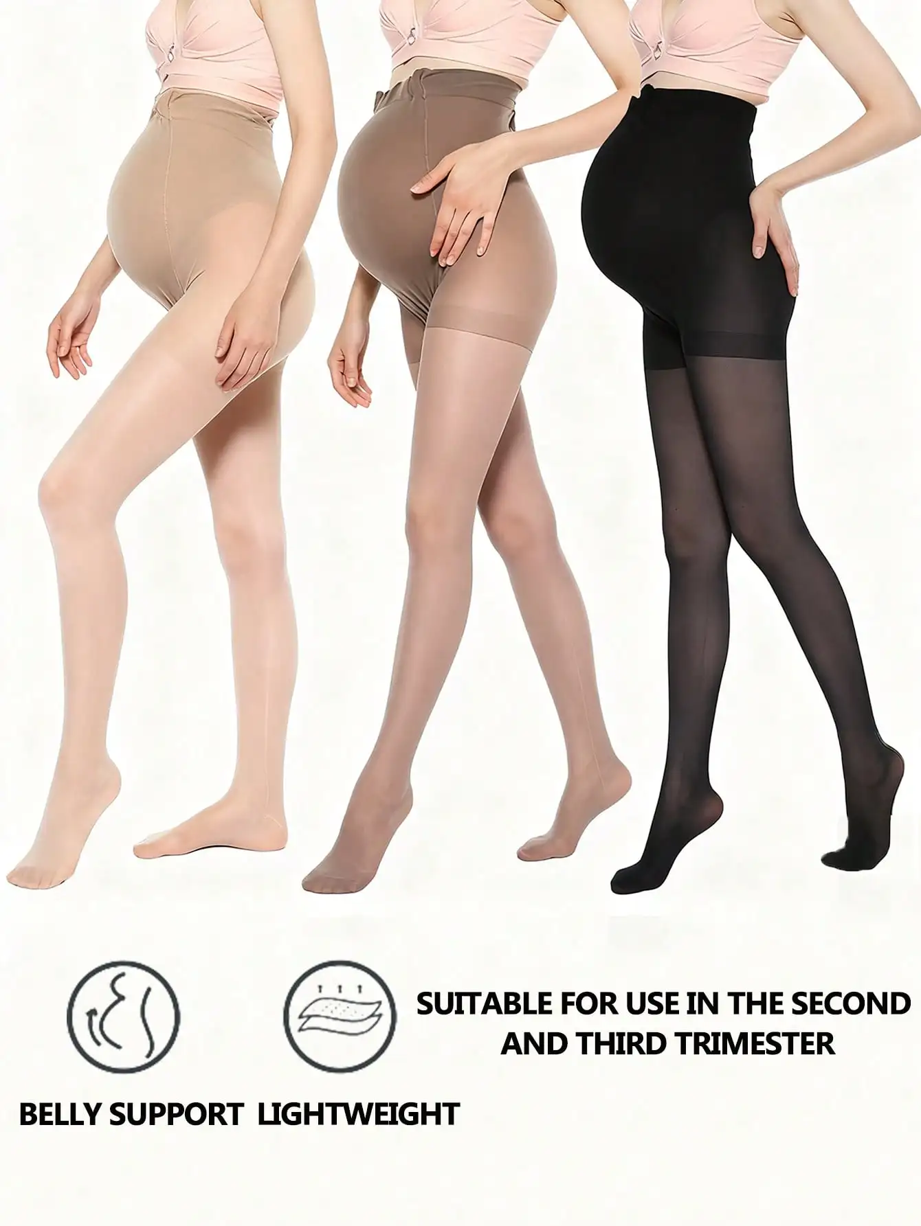 3 Pairs Women's Maternity Sheer Tights, Black Nude Coffee Belly Support High Elasticity Lightweight Pantyhose for Pregnancy Dail