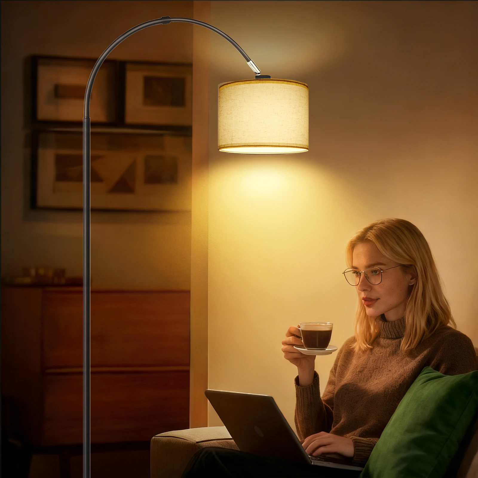 Bogenlampe 170cm mit Leinen Lampenschirm 12W LED Leuchtmittel Inklusive für Wohnzimmer Schlafzimmer