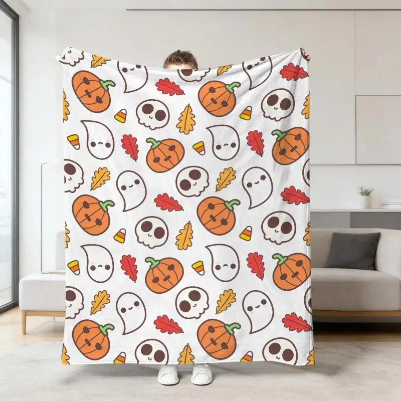 Halloween-Orange-Deckenbezug mit Cartoon-Geister- und Totenkopf-Druck, Flanell-Schlafdecke, Sofabezüge, Multifunktionale Dekorative Decken – Detail 10
