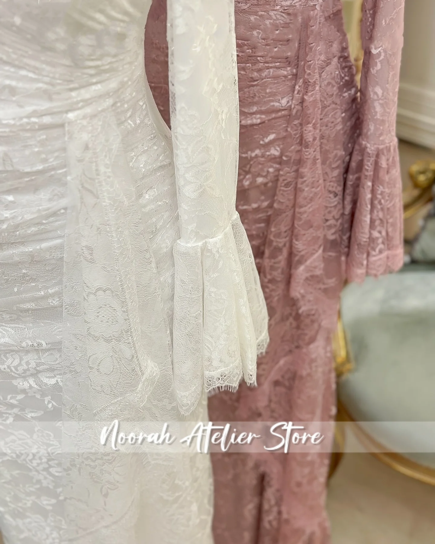 فساتين سهرة نسائية أنيقة من الدانتيل الأبيض H N بأكمام طويلة عالية الجودة 2025 ثنيات لحفلات الزفاف فستان طويل مخصص