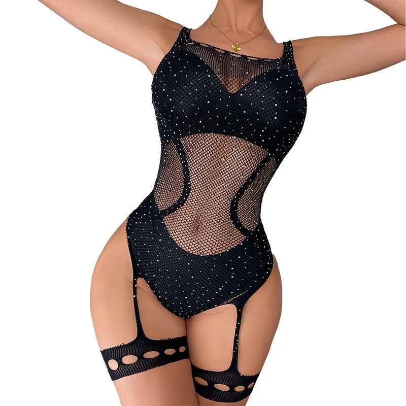 New Sexy Women\'s Plus Size Hot Stamping Mesh Outfit Sexy Lingerie With Hollowed Out Backless Design And Leg Rings