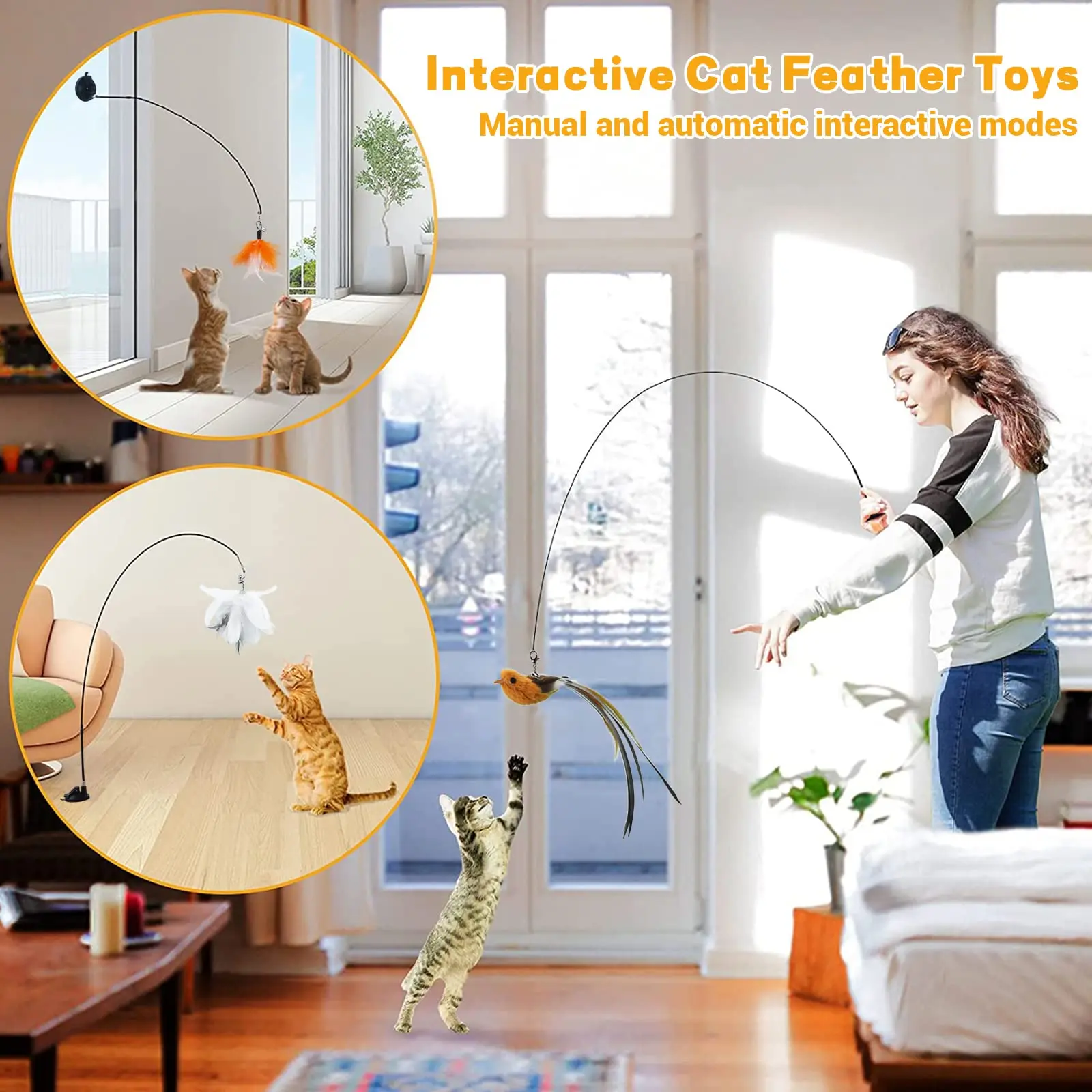 Cat Feather Toys Teaser Feather Wand Interactive Toys Cat Toys With Super Suction Cup Removable 3PCS Feather Replacement Toy