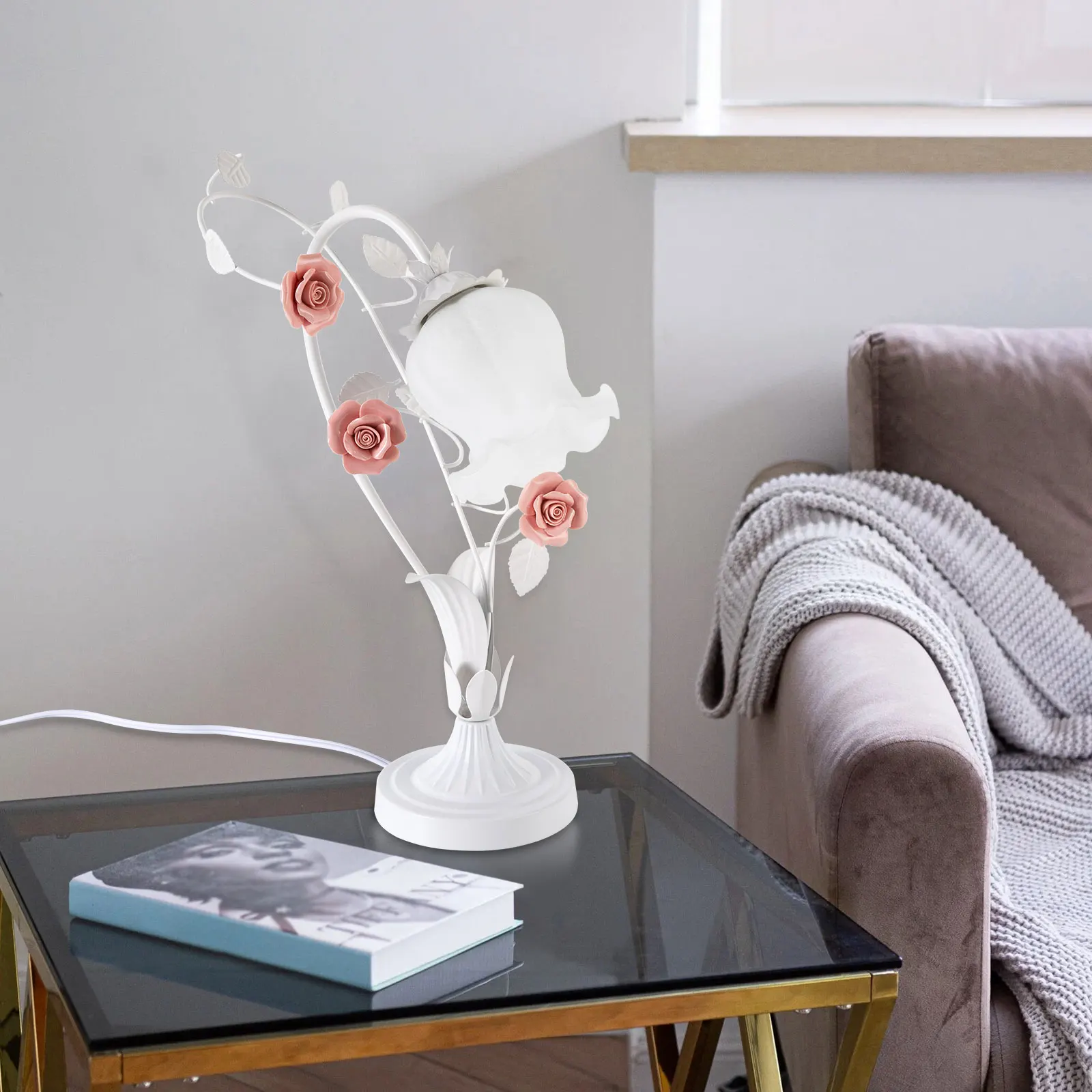 

Pink & White Modern Floral Ceramic Table Lamp, Hand‑Blown Glass Shade Swan Neck Design With Realistic Rose Decor