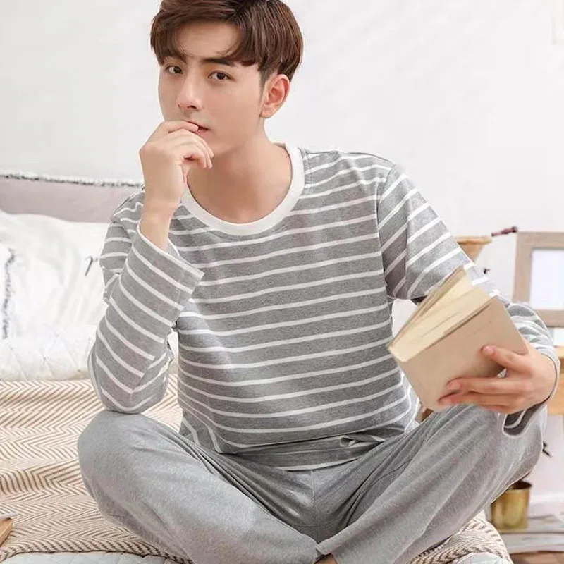 New Men's Spring And Autumn Striped Leisure Pajamas Sets Boys Long-Sleeved Home Wear Teenagers Outside The Home Wear Suit