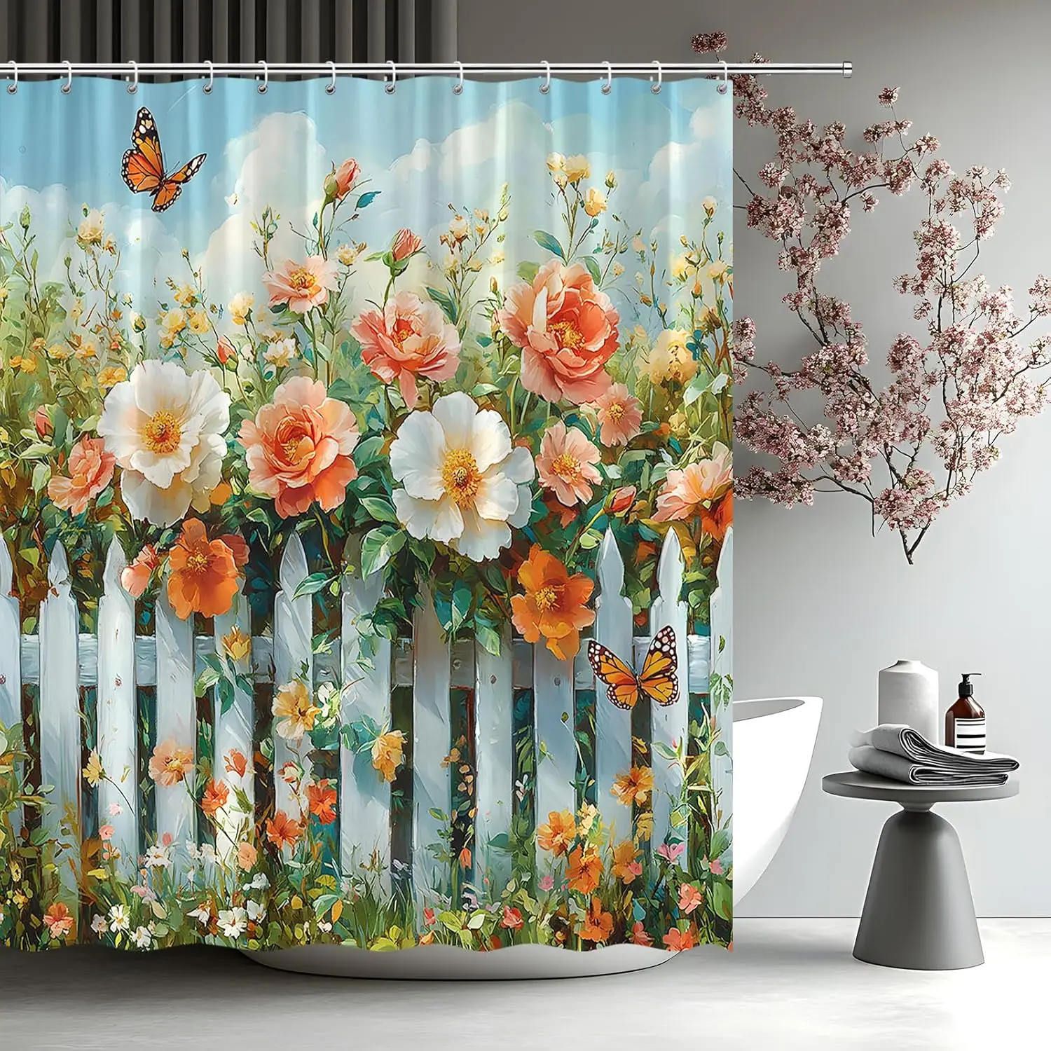 

Красочная цветочная занавеска для душа, весенний деревенский сад, свежий цветочный забор, природа, фермерский дом, растение, полиэстер, занавески для ванной комнаты