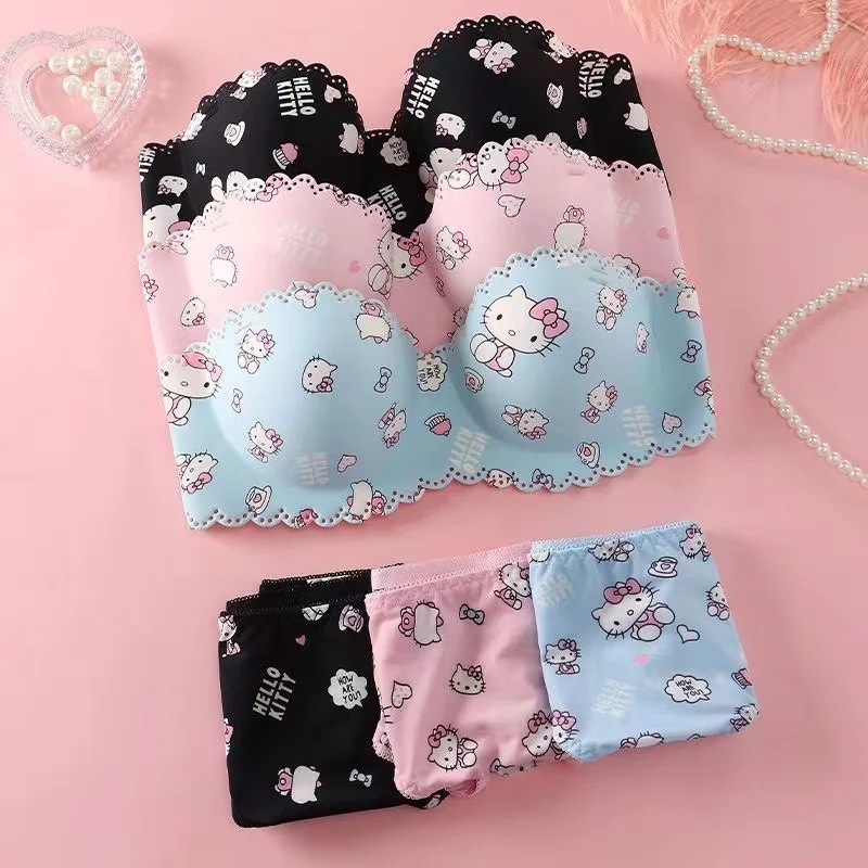 Hello Kitty Sanrio Anime Kawaii Underwear Cute Cartoon New Sweet Girl Bra Bowknot Lace Comfortable Ventilate Lingerie Briefs Set