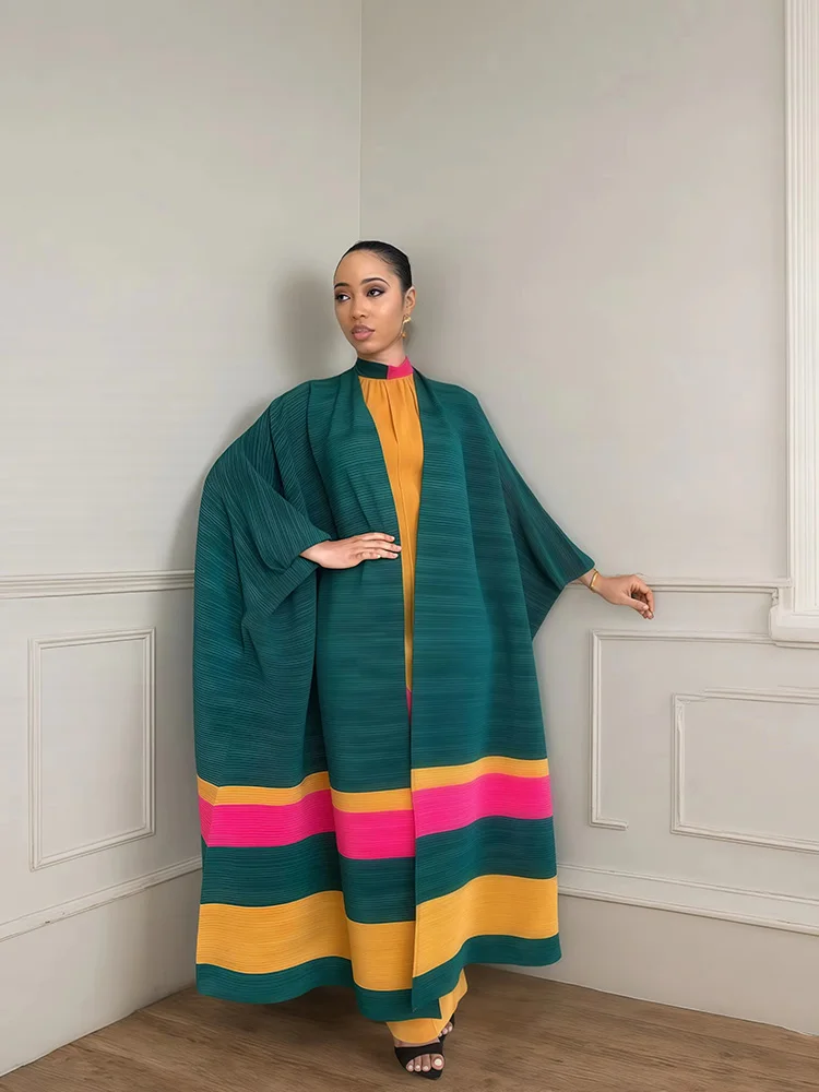 

ANLAN Miyake Splicing Colors Комплекты платьев из двух предметов для женщин 2025 Новогодний дизайнер Абая Элегантные свободные костюмы больших размеров с летучей мышью 2AN5987