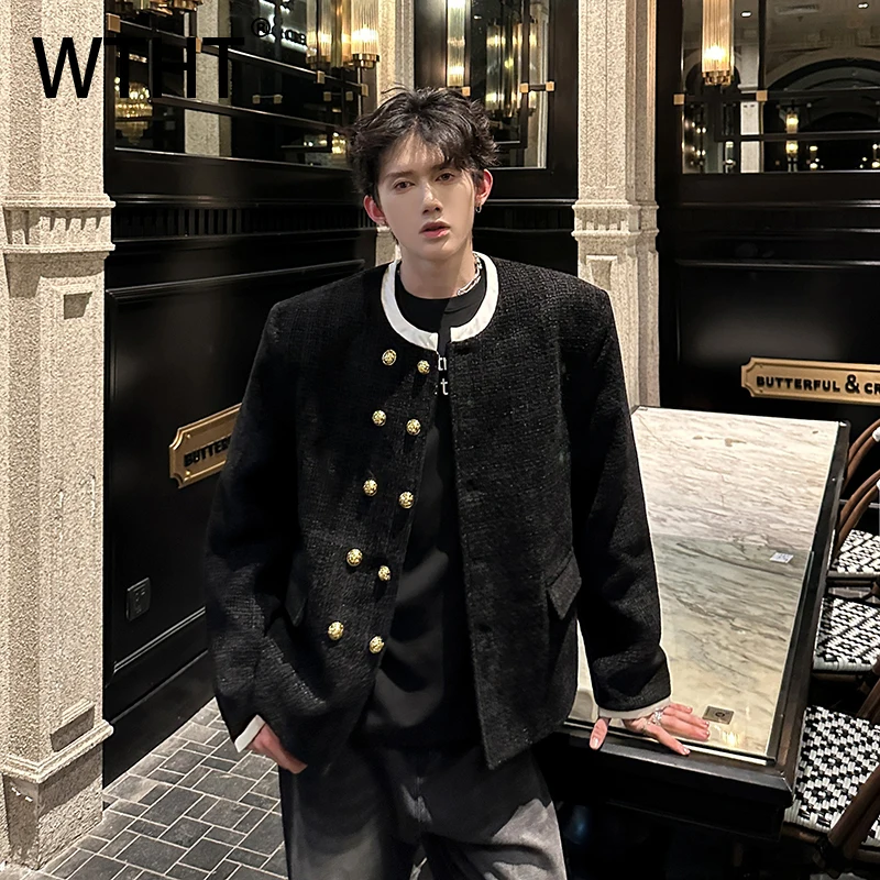 WTHT Trendy Men's Striped Contrast Color Coats Fashion 2025 Autumn Round Collar Double Breasted Jackets Male 2025 Autumn 2A2202