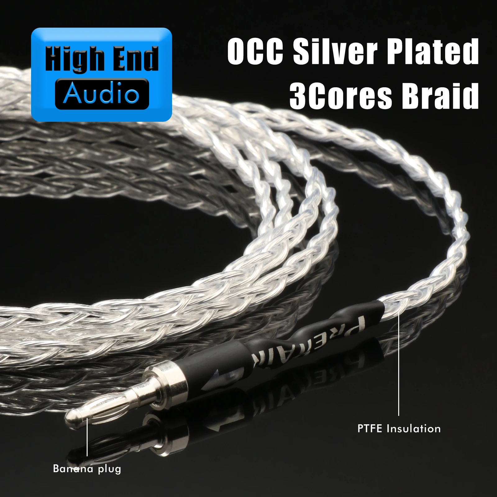 Preffair Silver Plated OCC 3 strand twisted Black wire mesh cover Ground Wire with Rhodium Plated Banana/Y Shape to Y Shape Plug