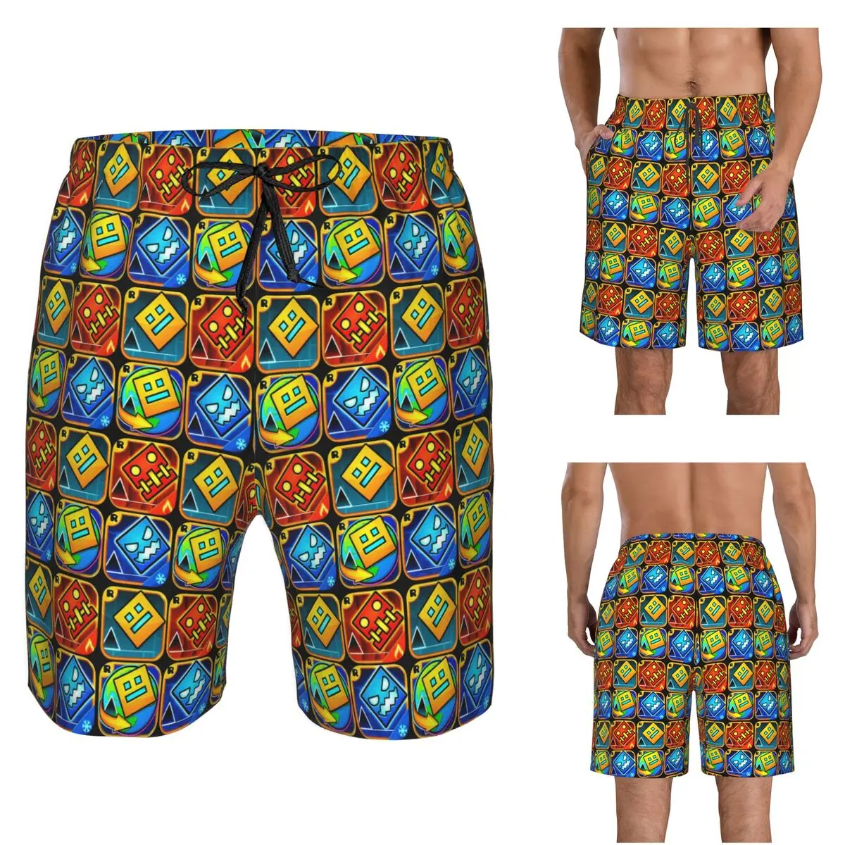Video Game Geometry Dash Trunks Beach Board Shorts Casual Quick Dry Swim Summer Men Pants