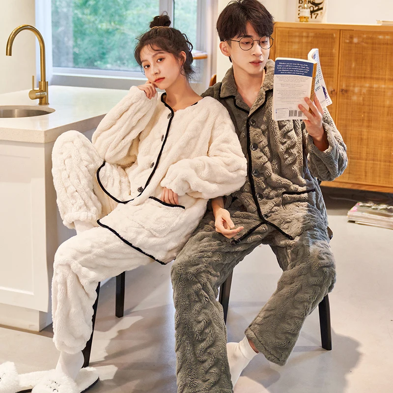 Winter Coral Fleece Lined Couple Pajamas Set New Style Cardigan Home Clothes For Men And Women Thickened For Cold Weather