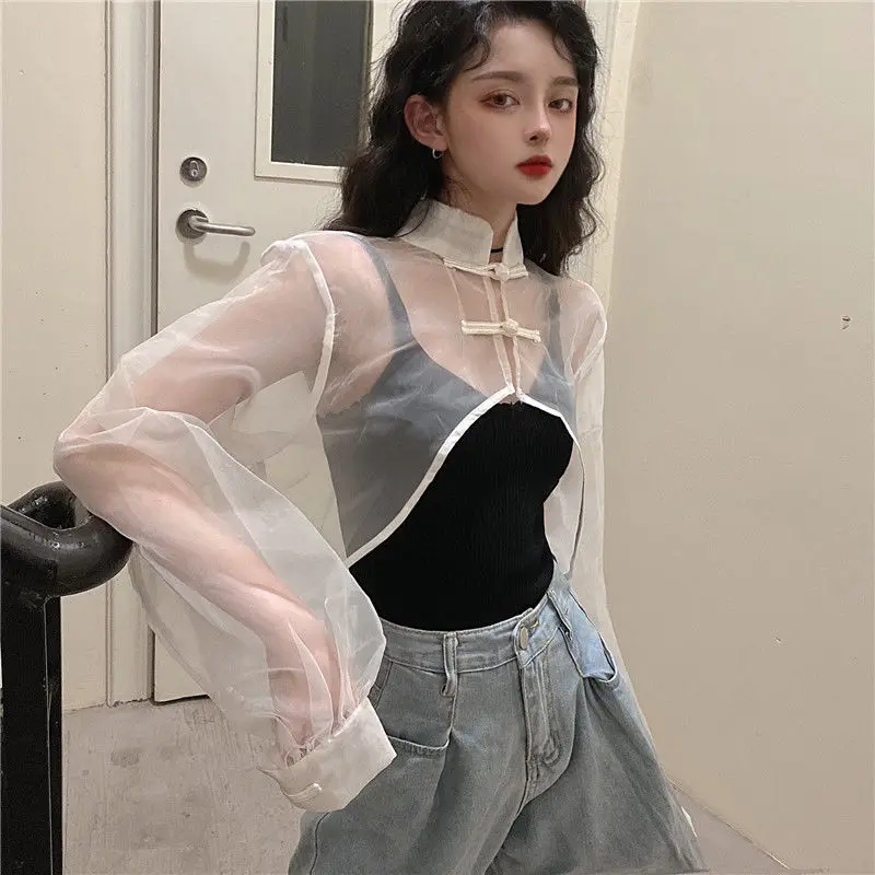 Qweek sexy Frauen Blusen transparent Top Harajuku Ernte weiß schwarz Hemd Langarm süße Oberbekleidung Chic schöne Ins Mode