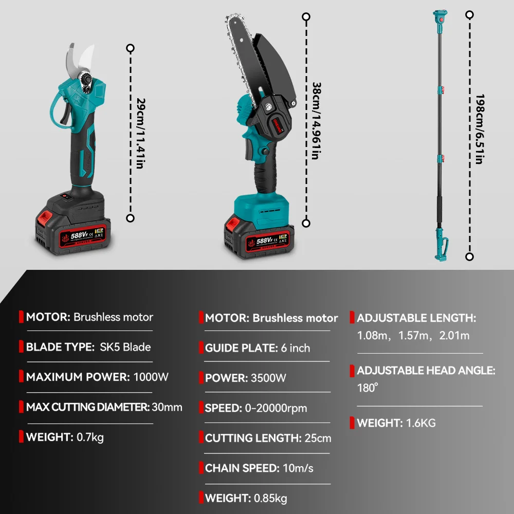 ONEVAN 3500W 3In1 Brushless High Branch Chainsaw&Pruning Shears Garden Cutting Tool With Telescoping Pole For Makita Battery Pin