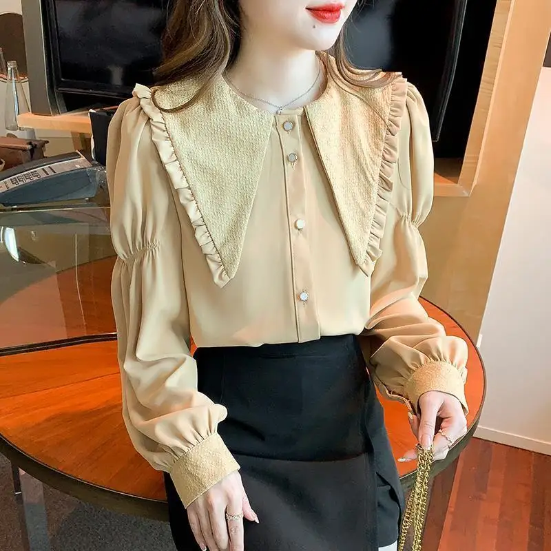 Ruffle Chiffon Peter Pan Collar Cute Elegant Shirt Tops Autumn Korean Style Fashion Puff Sleeve Loose Sweet Tops Casual Blouses