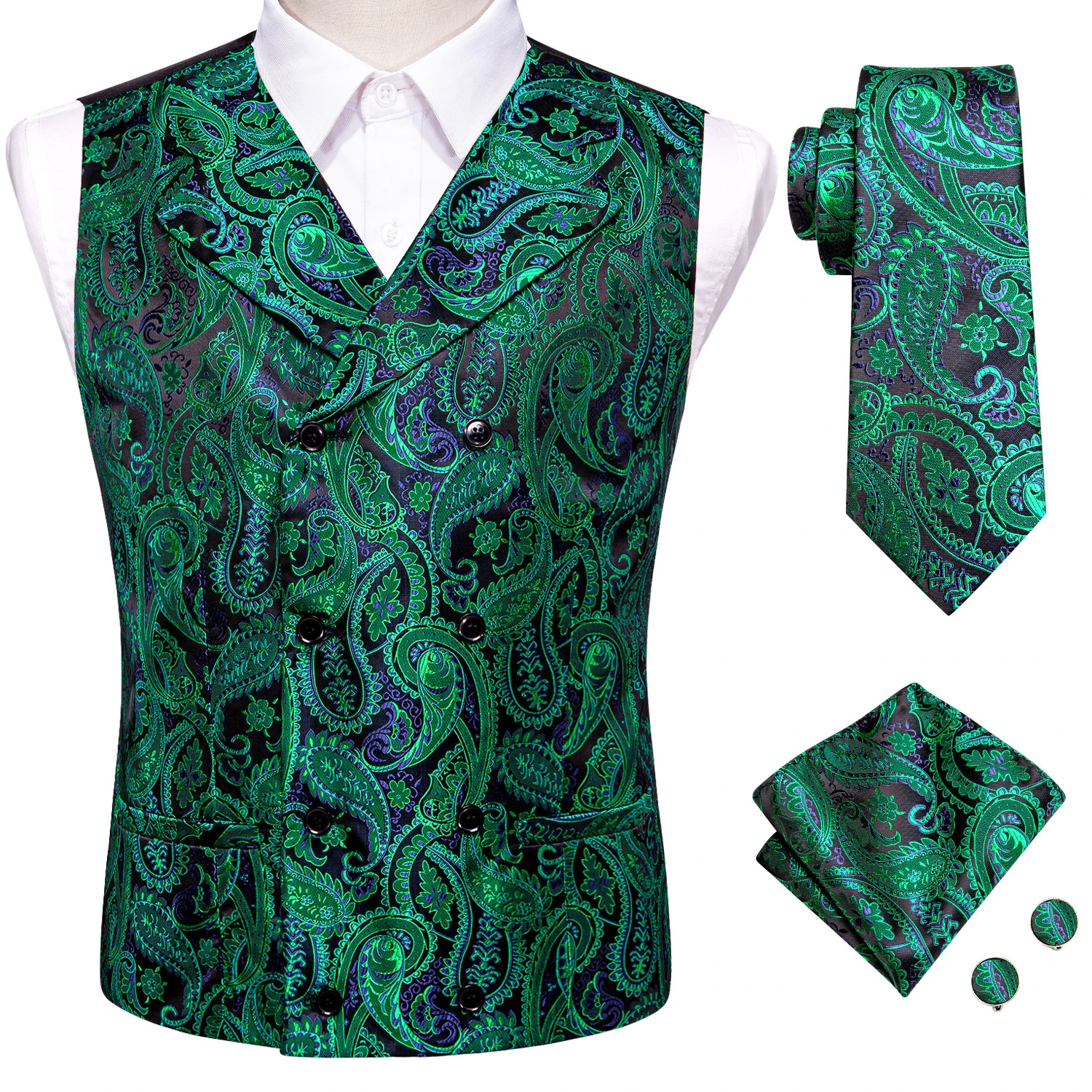 Designer Silk Mens Vest Paisley Green Purple Beige Black Grey Blue Red Waistcoat NeckTie Hanky Cufflinks Business Party Hi-Tie